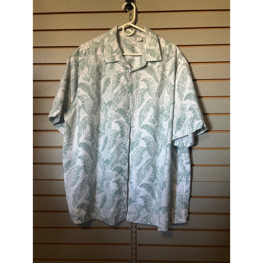Cafe Luna Mens 2XL Short Sleeve Tropical Palm Leaf Button Down Camp Shirt Sage